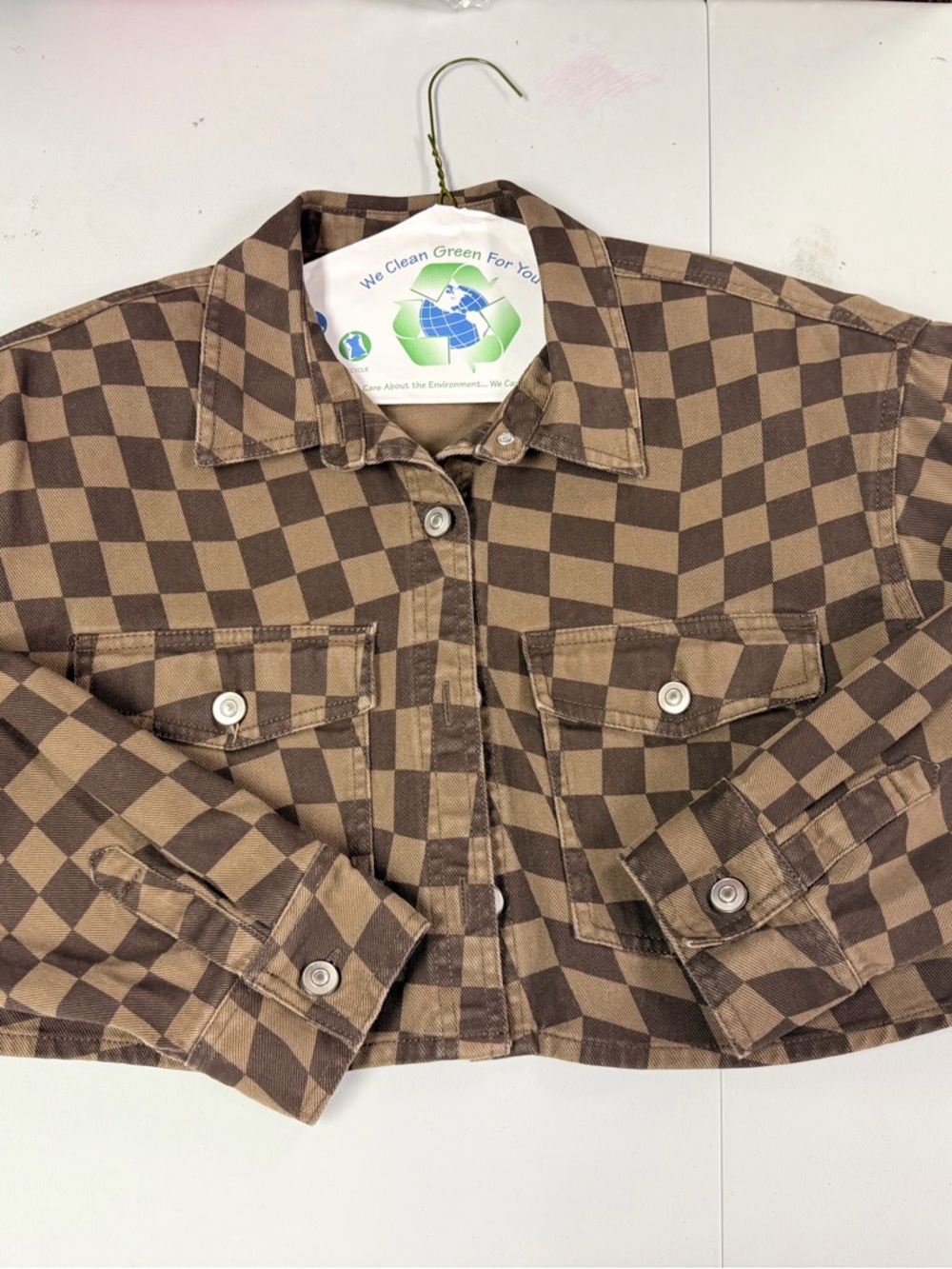 H&M Brown Checkered Cropped Jean Jacket